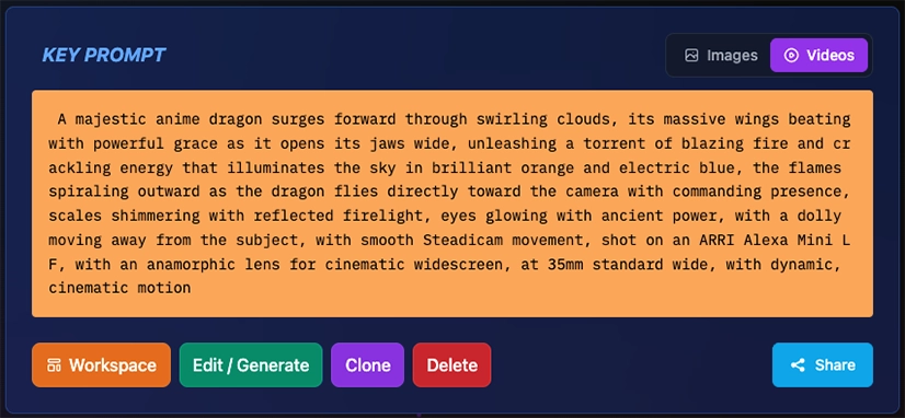 Video Key Prompt display showing video prompt with parameters