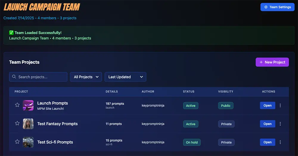 Team Viewer page showing project list, activity feed, and team management tools