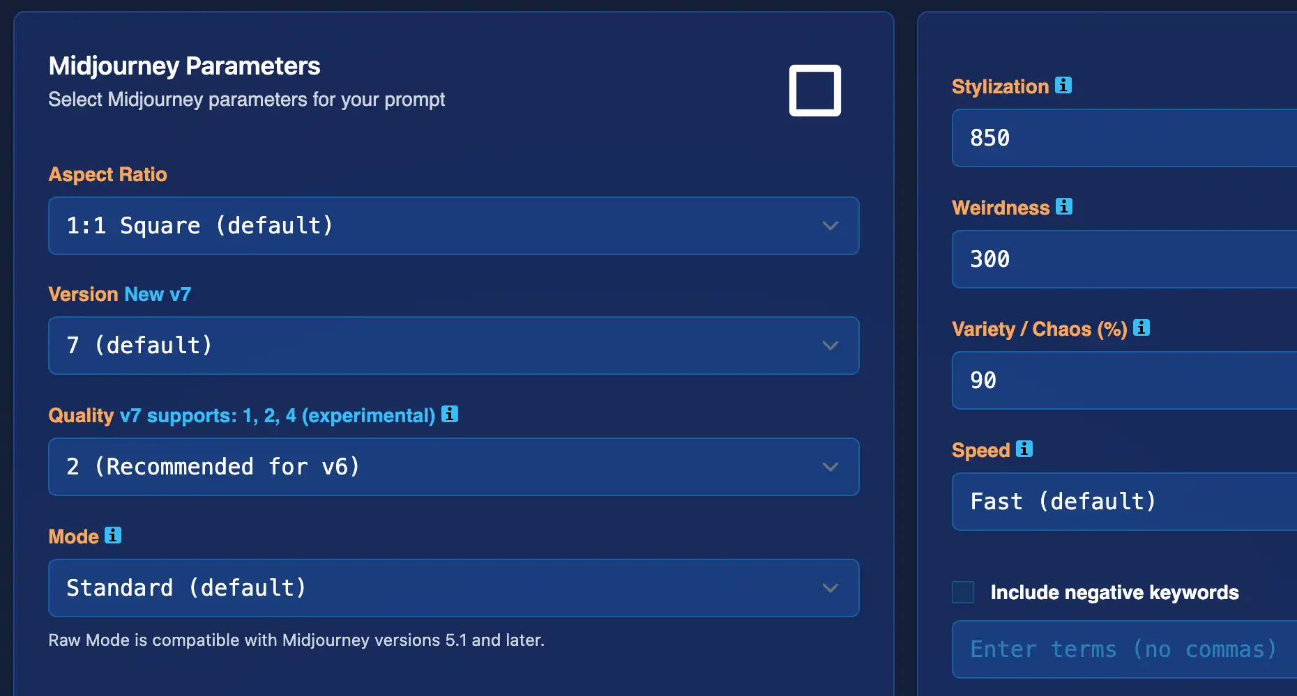 Midjourney Parameter Editor Interface